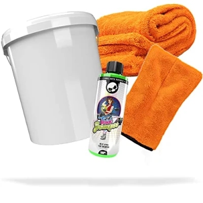 Afbeelding van detailmate Nuke Guys Thick Shampoo, 500 ml, washandje + droogdoek XXL wasemmer 15,9 liter, met deksel, wit, voor optimale handwas en droging