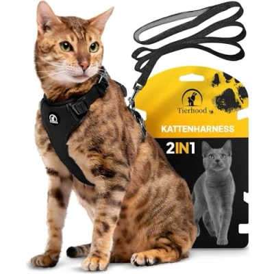 Afbeelding van Tierhood Kattentuigje, hoeft niet over het hoofd te worden gedaan, inclusief Lijn voor kleine katten harnas met riem kat (Zwart, M (28 33 cm) (37 46 cm))