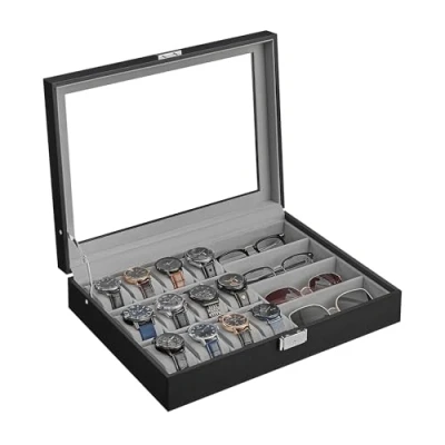 Afbeelding van SONGMICS horlogebox, afsluitbare horlogekast, horlogeorganizer, met 16 vakken, glazen deksel, cadeau voor dierbaren, PU hoes in inktzwart, fluwelen voering duifgrijs JWB112G01
