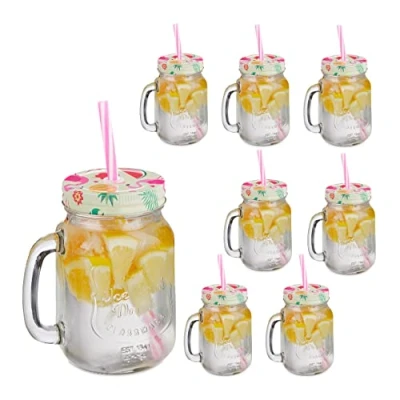 Afbeelding van Relaxdays drinkglazen, rietje en deksel, zomerse print met ananas flamingo&#039;s, set van 8, 500 ml, handvat, kleurrijk
