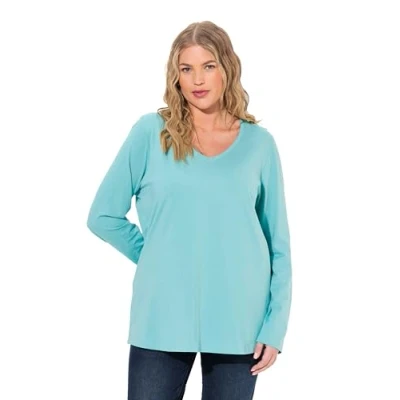 Afbeelding van Ulla Popken Dames grote maten plus size shirt, slim, V hals, lange mouwen, mintgroen, 54/56 NL