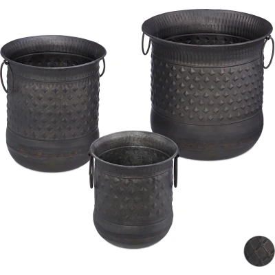Afbeelding van Relaxdays bloempot 3 stuks bloembak antiek plantenbak ijzer plantenpot rond A