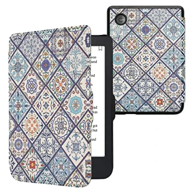 Afbeelding van kwmobile E reader hoesje geschikt voor Kobo Clara 2E hoes flip case met magnetische sluiting Ereader cover Marokkaanse Tegels Bont design in blauw / oranje wit