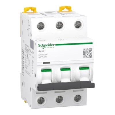 Afbeelding van Schneider electric ic60n installatieautomaat 3 polig 6ka 10ka d karakteristiek 20a 6 modulen a9f75320