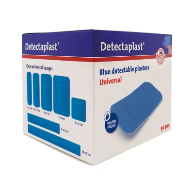 Afbeelding van Detectaplast blauwe pleisters Universal, metaaldetecteerbare, waterdichte en vuilwerende sensitive, voor de voedingsindustrie, catering grootkeuken, 38 x 72 mm, 50 stuks