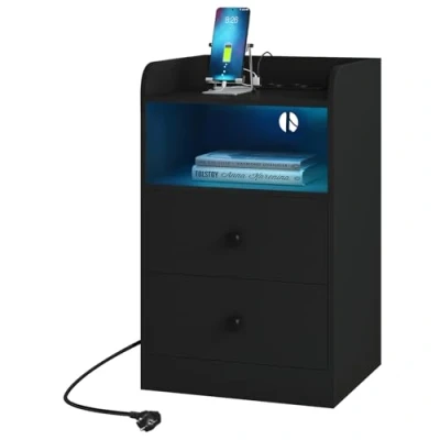 Afbeelding van WOLTU Nachtkastje met oplaadfunctie en ledlicht, smalle bijzettafel 2 stopcontacten, USB poorten, salontafel laden, open vak, voor slaapkamer woonkamer, zwart, NTS07sz