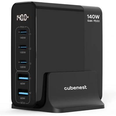 Afbeelding van Cubenest S5D0 PD 3.1. 3*USB C+2xUSB A GaN Adapter 140W Fast Charger USB C kabel