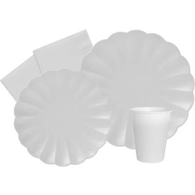 Afbeelding van Party Tableware Set Flower Shape for 24 people (112 pcs: plates Ø23cm, Ø18cm, cups 200ml, 40 napkins 33x33cm) in eco friendly compostable paper, white