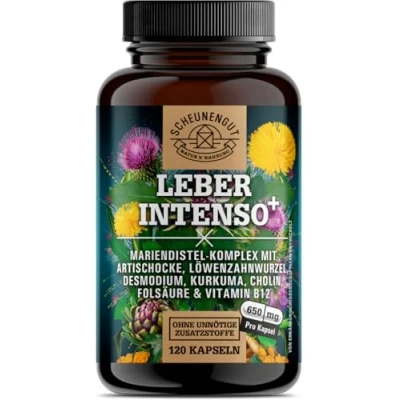 Afbeelding van LEBER INTENSO®+ lever capsules hoge dosering belangrijk: laboratoriumgetest met choline, mariadistel, artisjok, paardenbloem, demodium plus 80% silymarine en 5% cynarine DE SCHEUNENGUT®