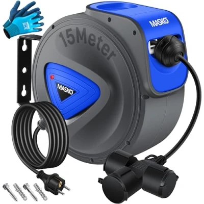 Afbeelding van MASKO® automatische kabelhaspel verlengkabel 15m met 3 voudige aansluiting 180 draaibaar 1,5 m voedingskabel wandhouder werkplaats stroomtrommel slanghaspel incl.