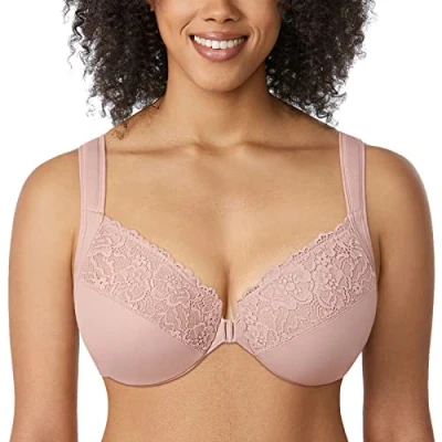 Afbeelding van DELIMIRA Dames Voorsluiting BH met beugel Kant Large Size Volledige cups zonder inzetstukken Roos Gerookt 85F