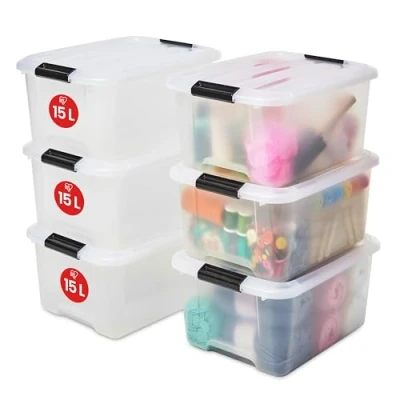Afbeelding van Iris Ohyama, Set van 6 opbergdozen, 15L, Stapelbaar, Garage, slaapkamer, woonkamer, TB 15, B39 x D28,5 H18 cm Transparant
