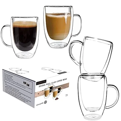 Afbeelding van Set van 4 dubbelwandige glazen koffiekopjes met handgrepen, lichte geïsoleerde kopjes, hittebestendig, voor cappuccino, latte, thee, 450 ml