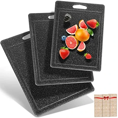 Afbeelding van DIFULI Snijplankenset, 3 delig, graniet look, 100% antislip stickers en sapkanaal, BPA vrij, met handvat, snijplanken, kunststof, antibacterieel, vaatwasmachinebestendig, ontbijtplankje