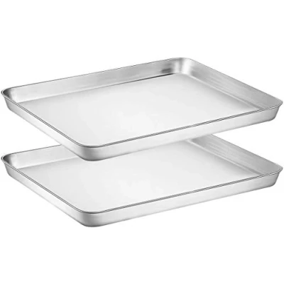Afbeelding van Bakplaat koekjesblad set van 2, Umiten roestvrijstalen bakpannen, niet giftig en gezond, spiegelafwerking roestvrij, gemakkelijk schoon te maken vaatwasmachinebestendig (22,9 x 17,8 2,5 cm)