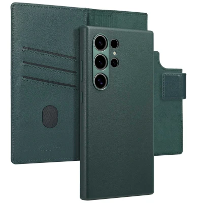 Afbeelding van Samsung Galaxy S24 Ultra MagSafe Hoesje Echt leder Accezz Bookcase/2 in 1 Case Donkergroen Telefoonhoesje