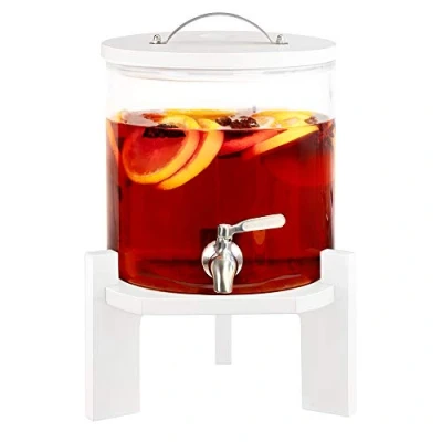 Afbeelding van Navaris glazen limonadetap met kraantje Drankdispenser houten standaard Sapdispenser Voor koude en warme dranken 5L feestjes Wit