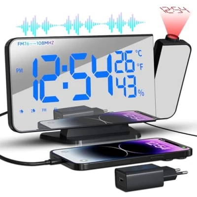 Afbeelding van TAKRINK Digitale Wekkerradio met 4 Miveaus van Schermhelderheid Wekker Projectie Temperatuur en Vochtigheidsweergave Dubbele Type C Oplader 180 Projector