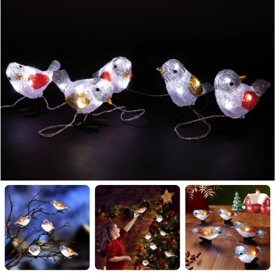 Afbeelding van Cheqo® Kerstverlichting Acryl Vogels Verlicht Kerstfiguur LED Decoratie Set van 5 Binnen/Buiten Timerfunctie