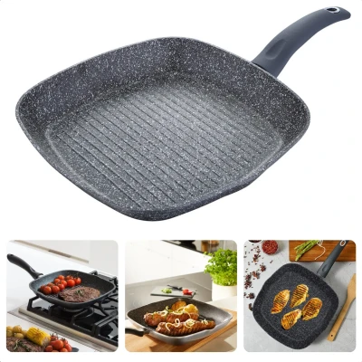 Afbeelding van Cheqo® Grillpan Inductie ø28cm Alle Warmtebronnen Steakpan Gesmeed Aluminium 4 laags marmer coating Geen lood/cadmium Soft Touch handgreep Vaatwasmachine bestendig