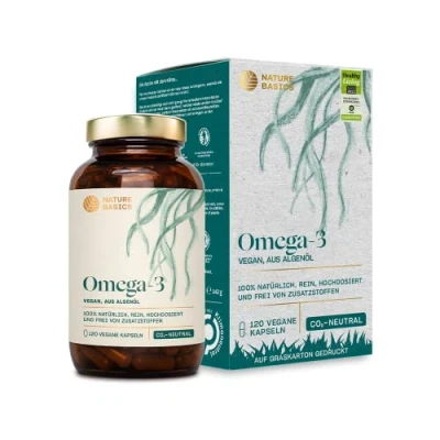 Afbeelding van Nature Basics® Algenolie Omega 3 veganistisch 120(!) capsules hoog gedoseerd in een potje puur onbewerkt gecertificeerd duurzaam &amp; CO2 neutraal Per capsule natuurlijk 455mg met 30% DHA 15% EPA