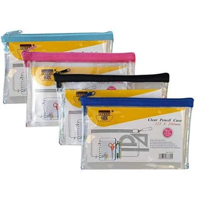 Afbeelding van Ark Potlood Case PVC gekleurde Zip 200x125mm Clear Assorted Ref: 33645, Blauw/Roze/Zwart