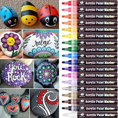 Afbeelding van WONSAR acrylstiften voor stenen, 18 kleuren, waterbestendig het schilderen van stenen pennen kinderen, doe zelf, keramiek, glas, porselein, metaal, kunststof, hout, canvas (medium punt)