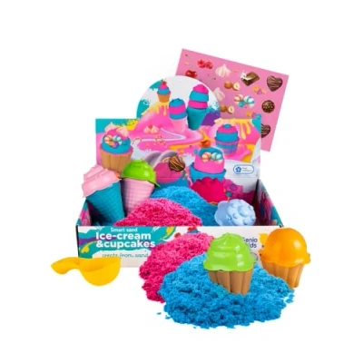 Afbeelding van Genio Kids Speelgoed Sensorisch Zand 1 kg, Set Cupcakes en Ijsjes, Roze Blauw, Zandklei, Magisch Zand, 8 Accessoires, Kneedzand, Toverzand