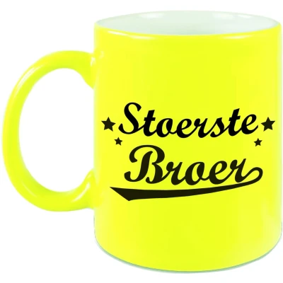 Afbeelding van Stoerste broer cadeau mok / beker neon geel 330 ml verjaardag geslaagd feest mokken