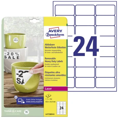 Afbeelding van Avery Zweckform L4773REV 8 folie etiketten 63.5 x 33.9 mm Polyester Wit 192 stuk(s) Weer verwijderbaar Laser (kleur), (zwart/wit), Kopiëren