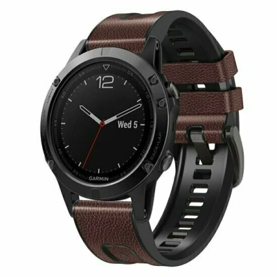 Afbeelding van leer + siliconen bandje Donkerbruin Garmin Instinct 3 / E 45mm