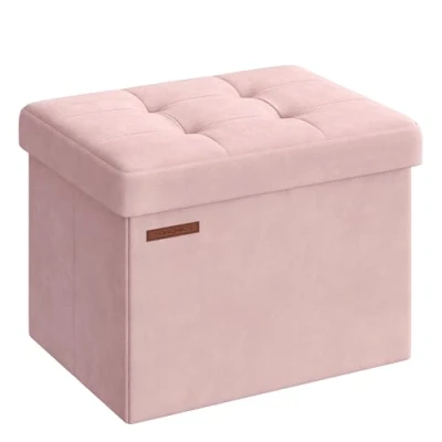 Afbeelding van SONGMICS Zitbank met opbergruimte van fluweel, inklapbare zitkist, opbergdoos deksel, voetenbank, 31 x 41 cm, tot 130 kg belastbaar, voor hal, woonkamer, slaapkamer, pastelroze LSF200R01