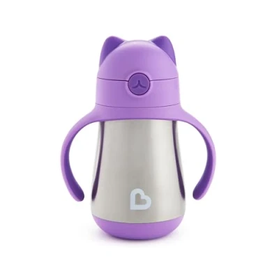 Afbeelding van Munchkin Stainless Steel Straw Cup, Cool Cat Design, Insulated Double Walled Beaker for Kids, Toddler Sippy Cup Babies 18+ Months, Drinking Bottle with Straw, Hot/Cold Drinks Purple (8oz/237ml)