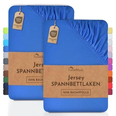 Afbeelding van 2 hoeslakens katoen kwaliteit Ökotex Standard 100 100% katoen, koningsblauw, verpakking van stuks 90 x 200 cm