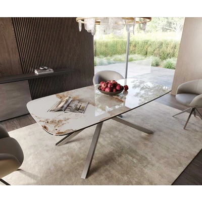 Afbeelding van DELIFE Eetkamertafel Edge Boot 200x100 keramiek Minas Melange wit beige kruisframe rechthoek RVS