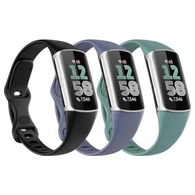 Afbeelding van Astorgos 3 Pack Slim Straps Compatible with Fitbit Charge 6/Charge 5 for Women Men, Soft TPE Watch Strap Thin Band Replacement Wristband, Black/Pine Green/Blue Gray