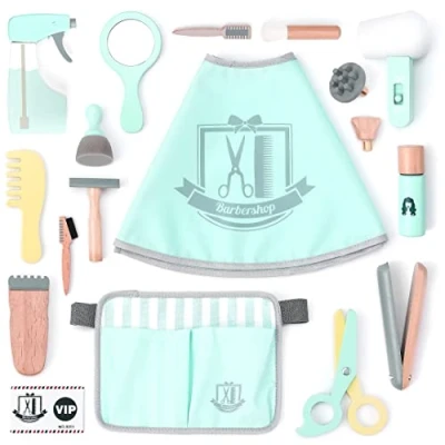 Afbeelding van UMU® Kinderen Houten Kapper Speelset met Tas voor Kappersgereedschap incl. Kappersmantel, Schaar, Haarstijltang, Spiegel e.d., 18 delig Set, Speelgoed Rollenspel 3, 4, 5 jaar oud