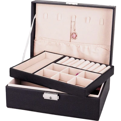 Afbeelding van Sieradendoos Met 2 lagen slot Sieraden opbergdoos Organizer Zwart lederlook