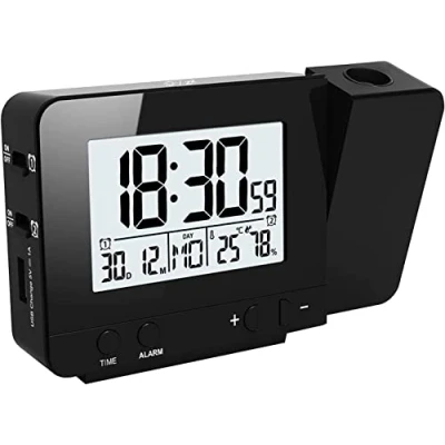 Afbeelding van Houkiper Projectiewekker, digitale wekker, led display, projectorklok met achtergrondverlichting, temperatuurweergave, op batterijen, draaiende wekker voor hoofdslaapkamer, zwart