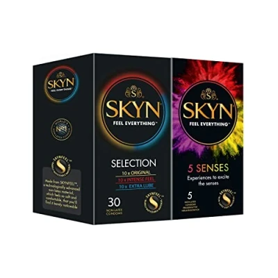 Afbeelding van SKYN Selection Condooms Pack van 30 &amp; 5 Senses/Skynfeel Latex vrij voor mannen, 10 x origineel, intens gevoel, extra glijmiddel, normale maat condooms, dun