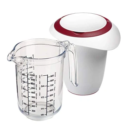 Afbeelding van Westmark 2 delige set, maatbeker 1 l en mengbeker met tweedelig deksel l, meertalige schaalverdeling, tuit, kunststof, Gerda, transparant/wit/rood, 306822E6