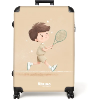 Afbeelding van NoBoringSuitcases.com® Koffer groot Reiskoffer lichtgewicht Jongen speelt tennis op zandkleurige achtergrond Rolkoffer met 4 wielen Grote trolley XL 98 liter bagage