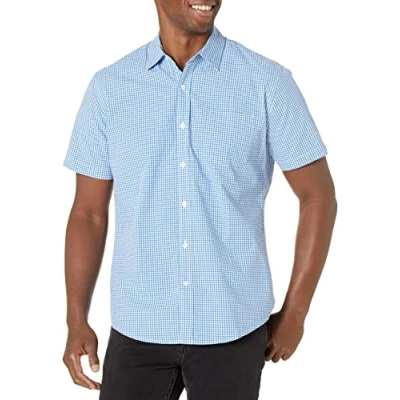 Afbeelding van Amazon Essentials Men&#039;s Poplin overhemd met normale pasvorm en korte mouwen, Blauw Gingham, XXL