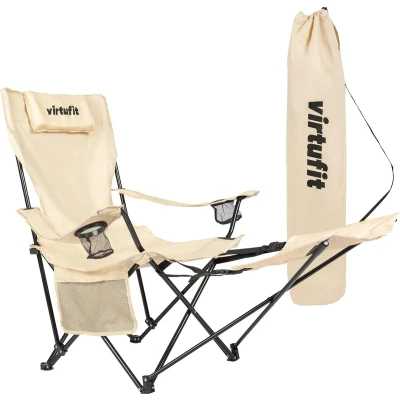 Afbeelding van VirtuFit Opvouwbare Camping Stoel met voetsteun Inclusief Draagtas Geschikt voor Festivals, Campings &amp; Stranden armsteunen Eenvoudig Meenemen en Opzetten Beige