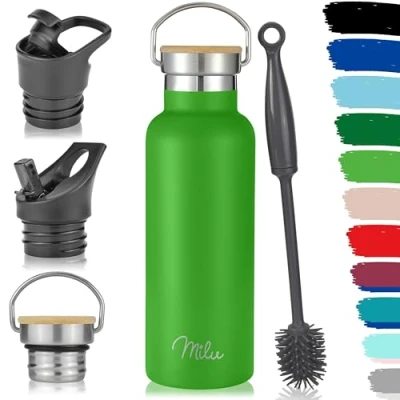Afbeelding van Milu Roestvrijstalen drinkfles, 350 ml, 500 750 1000 ml (+ 3 deksels), thermosfles met rietje, geïsoleerde waterfles, lekvrije thermosbeker, dubbelwandig, appelgroen,