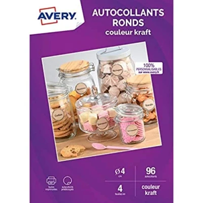 Afbeelding van Avery 96 ronde stickers, kraftpapier, 100% gerecycled, personaliseerbaar en bedrukbaar, diameter 40 mm, laser /inkjetprinter,