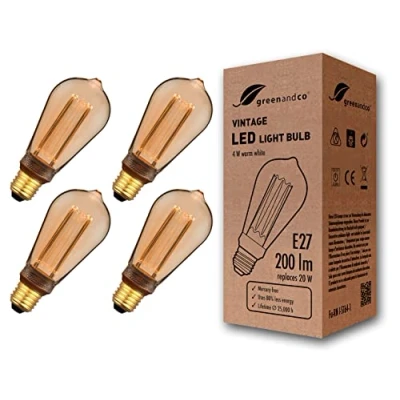 Afbeelding van 4x greenandco® Vintage Design LED lamp in retro stijl voor sfeerverlichting E27 ST64 Edison lamp, 4W 200lm 1800K extra warm wit 320 230V flikkervrij, niet dimbaar