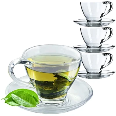 Afbeelding van KADAX glazen kopjes met onderzetter, 200 ml/250 ml, transparante kopjes, theekop, koffiekopjes, schotel, mok Hannah / 4 stuks