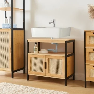 Afbeelding van Wastafelonderkast Tervola 60x60x35 cm zwart naturel en rotan look [en.casa]