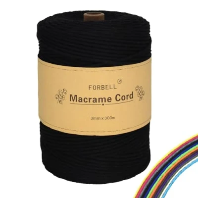 Afbeelding van Macramégaren, 3 mm x 300 m, premium katoengaren voor doe het zelf handwerk (zwart)